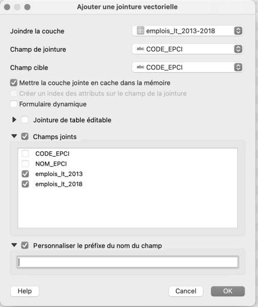 Propriétés table EPCI, jointure emplois CSV